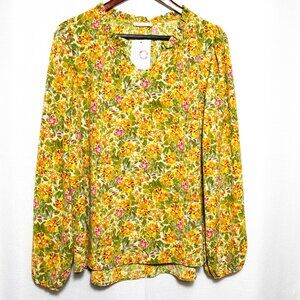 Women’s Floral V-Neck Long Sleeve Top - Yellow Green